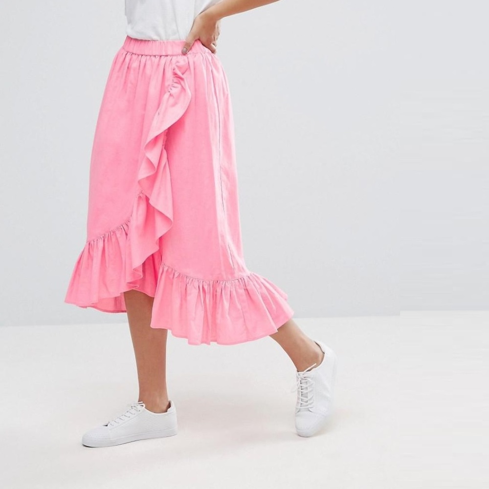 ASOS Bright Pink Faux Wrap Midi Skirt